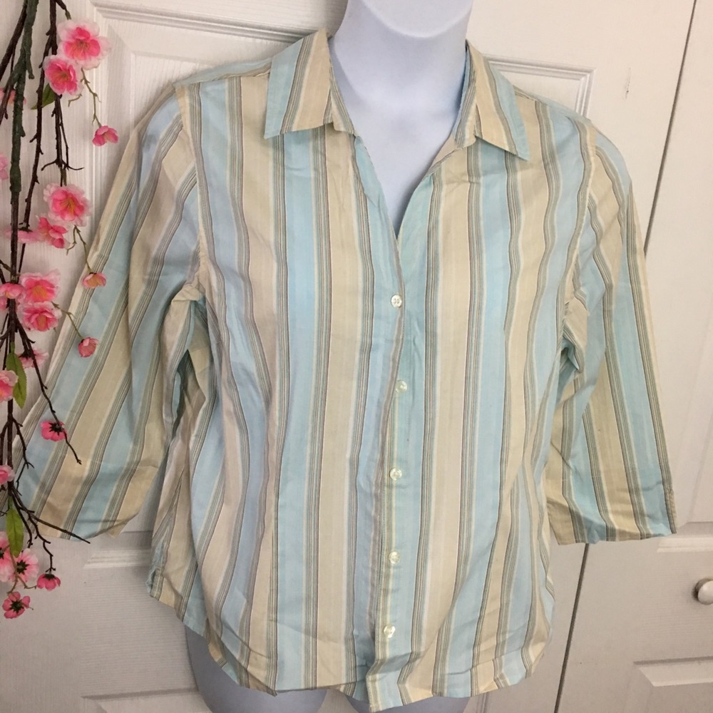 Cream & Light Blue 3/4 Sleeve Button Up